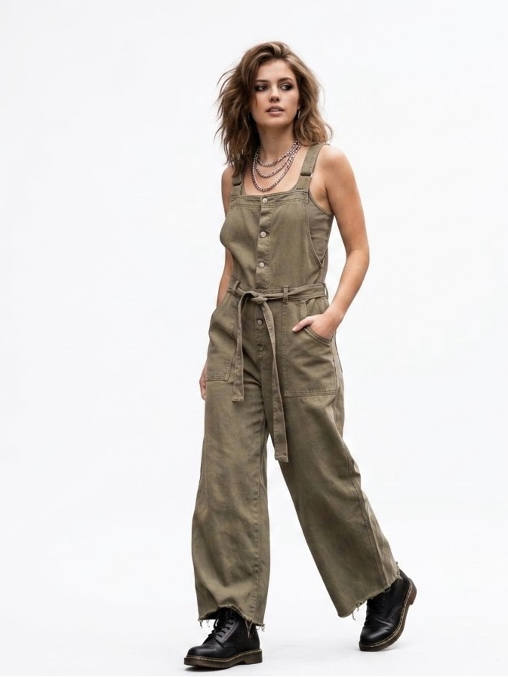 Aerie Olive Green Wide Leg Denim Overalls Jumpsuit - Size XL